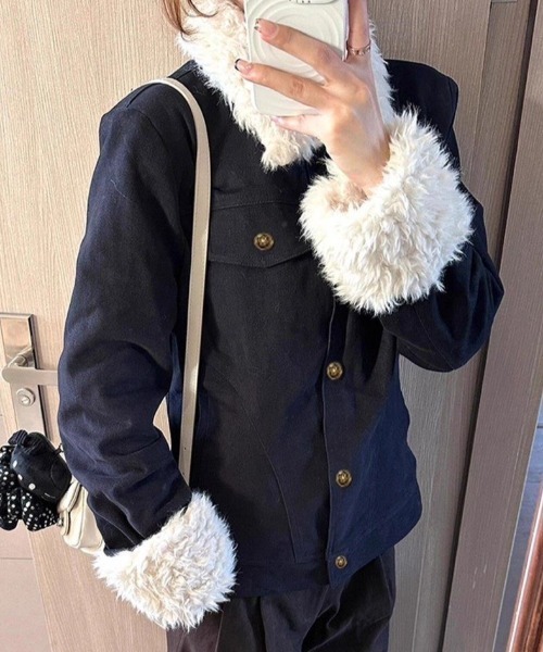 Teem Store（チームストア）の「フェイクファーカラー＆カフス デニムブルゾン（ブルゾン・レディース・ネイビー・M）」の4枚目の写真