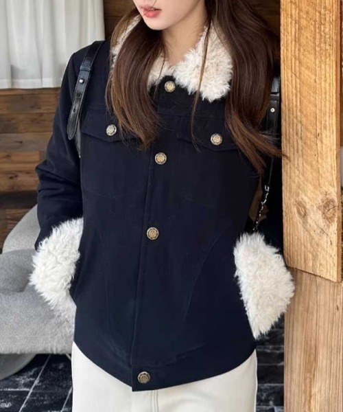 Teem Store（チームストア）の「フェイクファーカラー＆カフス デニムブルゾン（ブルゾン・レディース・ネイビー・M）」の2枚目の写真