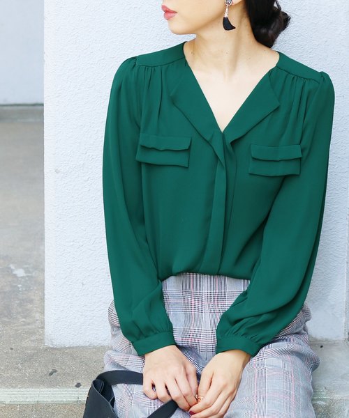 reca（レカ）の「【reca大人気アイテム】"高品質"ポケットデザインシフォンブラウス（シャツ/ブラウス・レディース・ネイビー/オフホワイト/グレー/ブラック/カーキ/グリーン系その他/ベージュ/グレー系その他/ブルー系その他/シルバーグレー/キャメル/ピンクベージュ/レッド系その他/マスタード/グリーン系その他2・FREE）」の9枚目の写真