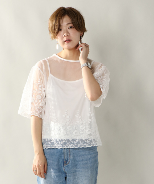 notch.(ノッチ)の「チュール刺繍プルオーバーアンサンブル (シャツ/ブラウス・レディース・オフホワイト/ブラック・M)」の1枚目の写真