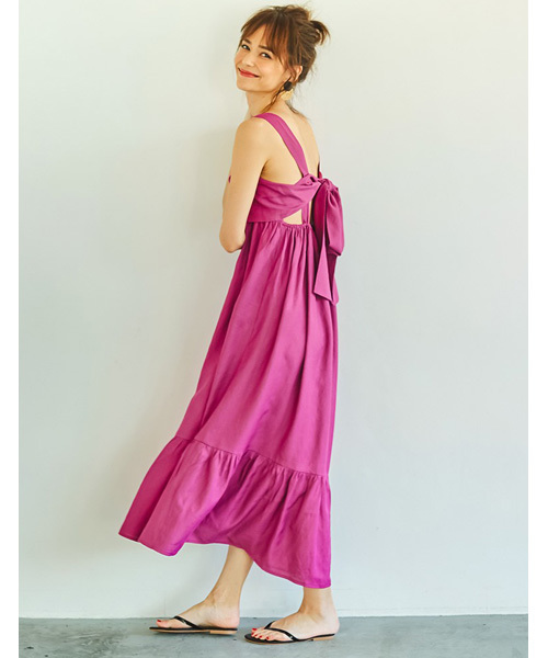 Re:EDIT(リエディ)の「リネン風バックリボンマキシワンピース(ワンピース・レディース・ブラック/ベージュ/ブルー/カーキ/パープル/ピンク・MEDIUM/LARGE)」の6枚目の写真