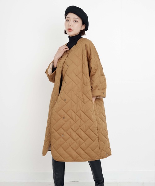 miniyu(ミニュウ)の「【WEB限定】ライナーキルト・Aラインロング・ノーカラーコート(その他アウター)」|ベージュ
