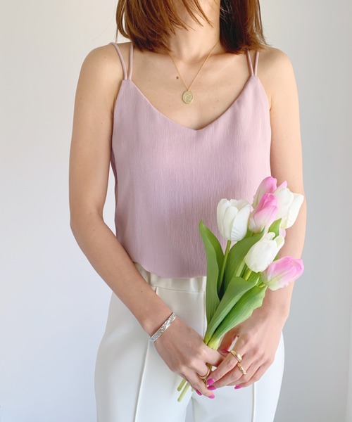 CLEA（クレア）の「バック クロス 楊柳 シフォン キャミソール（キャミソール・レディース・オリーブ/サックスブルー/ブラック/ホワイト/ピンクベージュ/ライトパープル・FREE）」の6枚目の写真