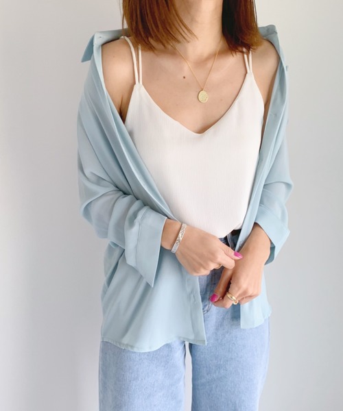 CLEA（クレア）の「バック クロス 楊柳 シフォン キャミソール（キャミソール・レディース・オリーブ/サックスブルー/ブラック/ホワイト/ピンクベージュ/ライトパープル・FREE）」の9枚目の写真