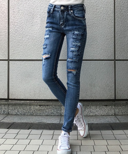 meJane(ミージェーン)の「ブロークンシールドスキニーパンツ(デニムパンツ・レディース・ブルー/インディゴブルー/ブラック・M/S)」の3枚目の写真