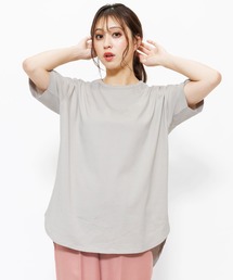 クルーネック綿100%半袖裾ラウンドTシャツ
