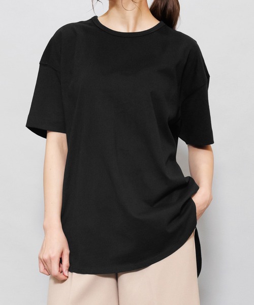 mili an deni(ミリアンデニ)の「クルーネック綿100%半袖裾ラウンドTシャツ(Tシャツ/カットソー・レディース・ベージュ/ブラック/チャコールグレー/オフホワイト/アッシュグレー/杢グレー・L/M)」の9枚目の写真