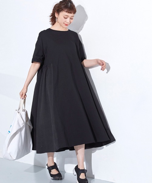 coca（coca）（コカ）の「異素材ドッキングカットソーワンピース（ワンピース・レディース・ホワイト/ブラック・M/L）」の2枚目の写真