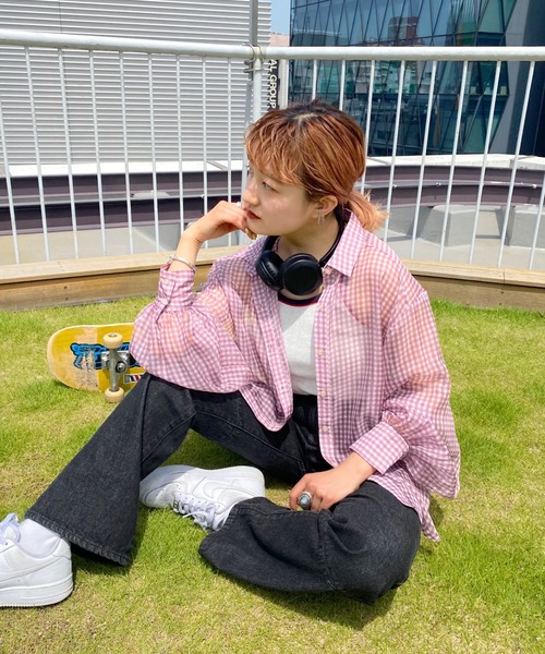 WHO'S WHO gallery（フーズフーギャラリー）の「シフォンギンガムシャツ（シャツ/ブラウス・レディース・ネイビー/ピンク/グリーン・FREE）」の3枚目の写真