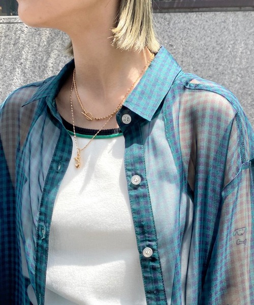 WHO'S WHO gallery（フーズフーギャラリー）の「シフォンギンガムシャツ（シャツ/ブラウス・レディース・ネイビー/ピンク/グリーン・FREE）」の5枚目の写真