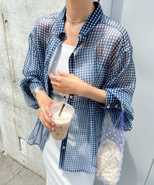 WHO'S WHO gallery（フーズフーギャラリー）の「シフォンギンガムシャツ（シャツ/ブラウス・レディース・ネイビー/ピンク/グリーン・FREE）」の14枚目の写真