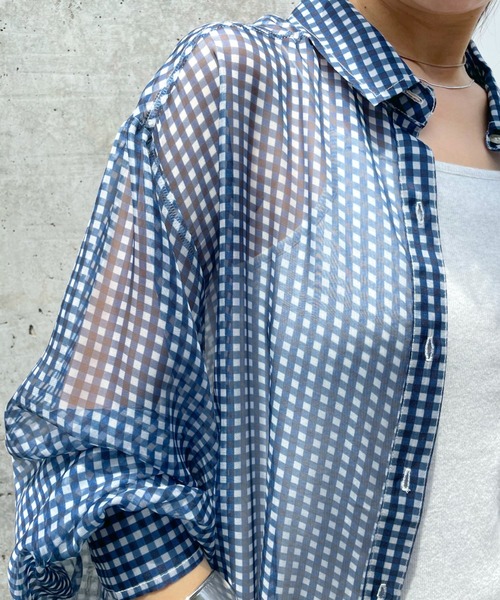 WHO'S WHO gallery（フーズフーギャラリー）の「シフォンギンガムシャツ（シャツ/ブラウス・レディース・ネイビー/ピンク/グリーン・FREE）」の15枚目の写真