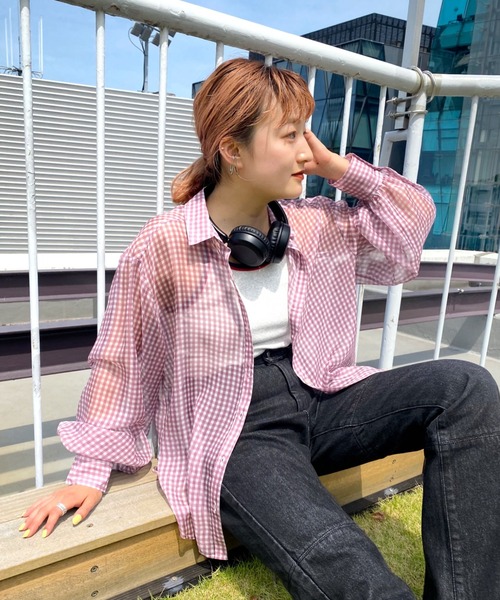 WHO'S WHO gallery（フーズフーギャラリー）の「シフォンギンガムシャツ（シャツ/ブラウス・レディース・ネイビー/ピンク/グリーン・FREE）」の21枚目の写真