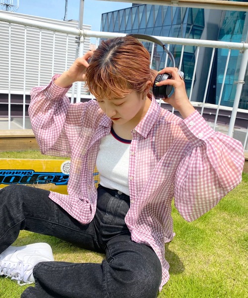 WHO'S WHO gallery（フーズフーギャラリー）の「シフォンギンガムシャツ（シャツ/ブラウス・レディース・ネイビー/ピンク/グリーン・FREE）」の22枚目の写真