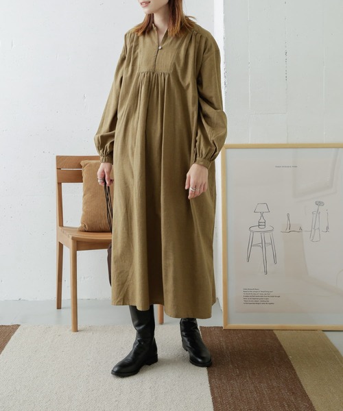 ローウエストギャザーワンピース　播州織コットン薄起毛シャンブレー。.＊ MidiUmi シャンブレーギャザーワンピース｜ MARcourt ONLINE STORE