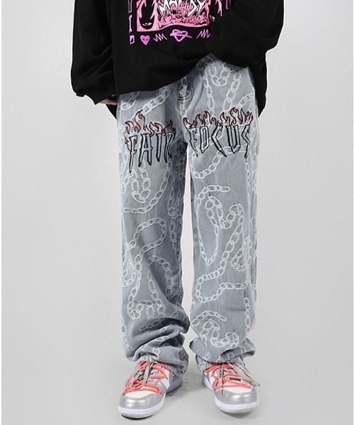 A‘gem 9(エージェムナイン)の「A'GEM/9 × .kom『.kom/ドットケーオーエム』Chain Design Denim Pants/チェーン柄 デザイン デニムパンツ PT(デニムパンツ・レディース・ブルー・S/M/L/XL)」の1枚目の写真