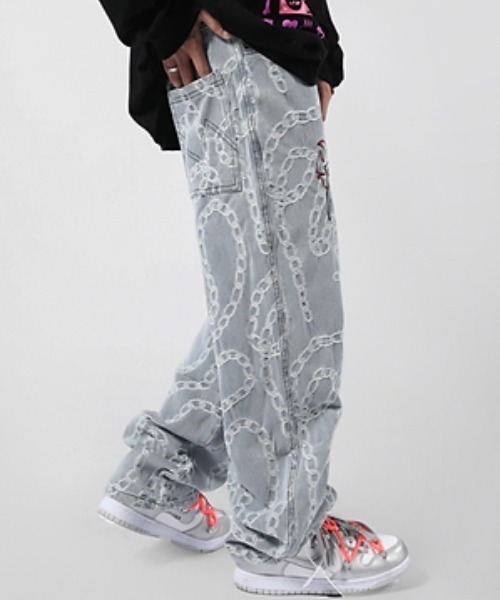 A‘gem 9(エージェムナイン)の「A'GEM/9 × .kom『.kom/ドットケーオーエム』Chain Design Denim Pants/チェーン柄 デザイン デニムパンツ PT(デニムパンツ・レディース・ブルー・S/M/L/XL)」の6枚目の写真