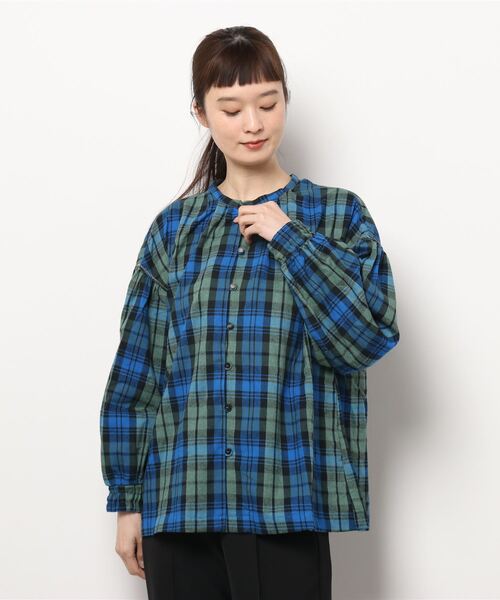A BOND（アボンド）の「ゴールドステッチチェックブラウス（シャツ/ブラウス・レディース・ブラウン/ブルー・160cm）」の2枚目の写真
