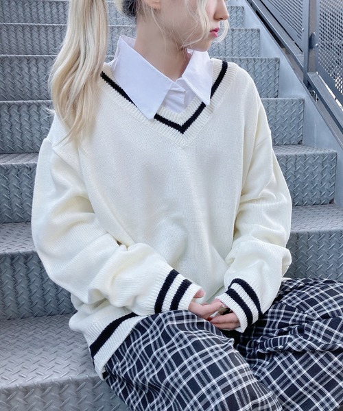 Figments（フィグメンツ）の「オーバースクールニット（ニット/セーター・レディース・ブラック/オフホワイト・FREE）」の3枚目の写真