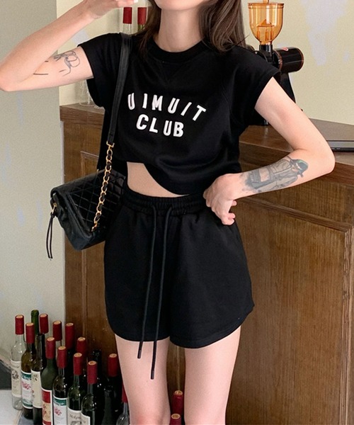 me+em select(ミームセレクト)の「【上下2点セット】CLUB LOGOTシャツ&ショートパンツ セットルームウェア(ルームウェア/パジャマ・レディース・ブラック/ベージュ/グレー/ブルー・FREE)」の5枚目の写真