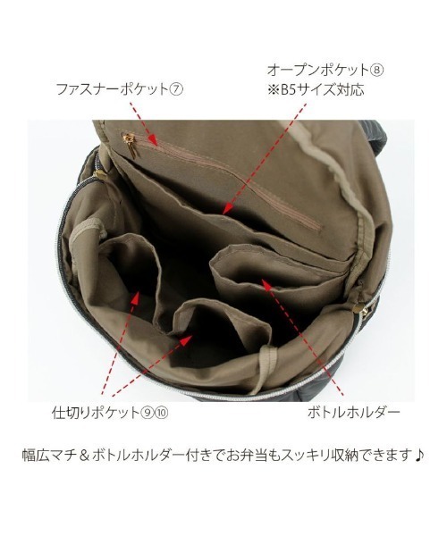 polka polka(ポルカポルカ)の「polka polka / ポルカポルカ ミディ リュック 10ポケット 621 73712467 SDI(バックパック/リュック・レディース・ネイビー/チャコール/ベージュ/ブラック/ブルー・FREE)」の9枚目の写真