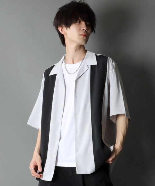 SITRY(シトリー)の「Oversize Drop shoulder panel design Open Collar Shirt/オーバーサイズ ドロップショルダー パネルデザイン オープンカラー シャツ(シャツ/ブラウス・メンズ・チャコールグレー/ライトグレー/ブラック/サックスブルー/グリーン/スモークピンク・M/L)」の1枚目の写真