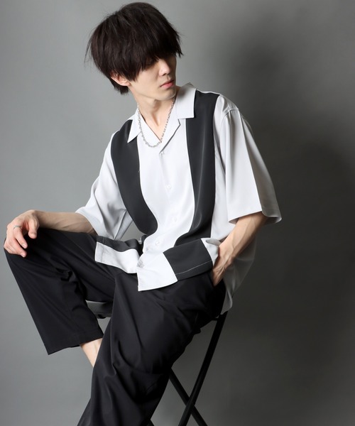SITRY(シトリー)の「Oversize Drop shoulder panel design Open Collar Shirt/オーバーサイズ ドロップショルダー パネルデザイン オープンカラー シャツ(シャツ/ブラウス・メンズ・チャコールグレー/ライトグレー/ブラック/サックスブルー/グリーン/スモークピンク・M/L)」の15枚目の写真