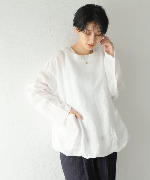 ARMEN(アーメン)の「【ARMEN/アーメン】 LINEN PLAIN CREW P/O BL:ブラウス(シャツ/ブラウス・レディース・ホワイト/ブラック・SMALL)」の2枚目の写真