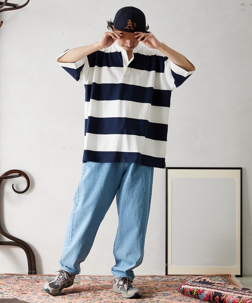 JOURNAL STANDARD relume(ジャーナルスタンダード レリューム)の「オーバーサイズ ボーダーラガーバンドカラーシャツ(Tシャツ/カットソー・メンズ・ネイビー/イエロー/グリーン/ボルドー・MEDIUM/LARGE)」の3枚目の写真