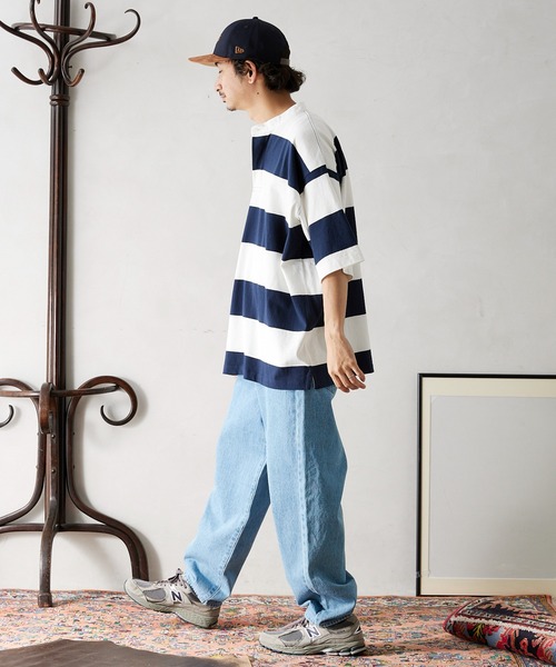 JOURNAL STANDARD relume(ジャーナルスタンダード レリューム)の「オーバーサイズ ボーダーラガーバンドカラーシャツ(Tシャツ/カットソー・メンズ・ネイビー/イエロー/グリーン/ボルドー・MEDIUM/LARGE)」の9枚目の写真