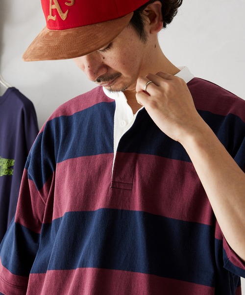 JOURNAL STANDARD relume(ジャーナルスタンダード レリューム)の「オーバーサイズ ボーダーラガーバンドカラーシャツ(Tシャツ/カットソー・メンズ・ネイビー/イエロー/グリーン/ボルドー・MEDIUM/LARGE)」の6枚目の写真