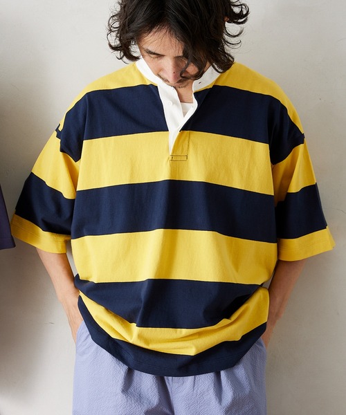 JOURNAL STANDARD relume(ジャーナルスタンダード レリューム)の「オーバーサイズ ボーダーラガーバンドカラーシャツ(Tシャツ/カットソー・メンズ・ネイビー/イエロー/グリーン/ボルドー・MEDIUM/LARGE)」の15枚目の写真