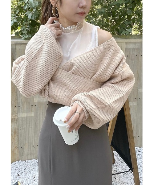 dazzlin(ダズリン)の「チュールレイヤードカシュクールニット(ニット/セーター・レディース・モカ/ピンク/ブルー/オフホワイト/ベージュ・FREE)」の4枚目の写真