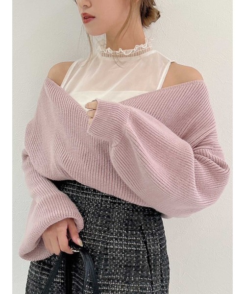 dazzlin(ダズリン)の「チュールレイヤードカシュクールニット(ニット/セーター・レディース・モカ/ピンク/ブルー/オフホワイト/ベージュ・FREE)」の1枚目の写真