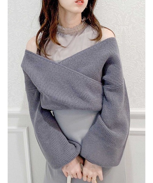 dazzlin(ダズリン)の「チュールレイヤードカシュクールニット(ニット/セーター・レディース・モカ/ピンク/ブルー/オフホワイト/ベージュ・FREE)」の5枚目の写真