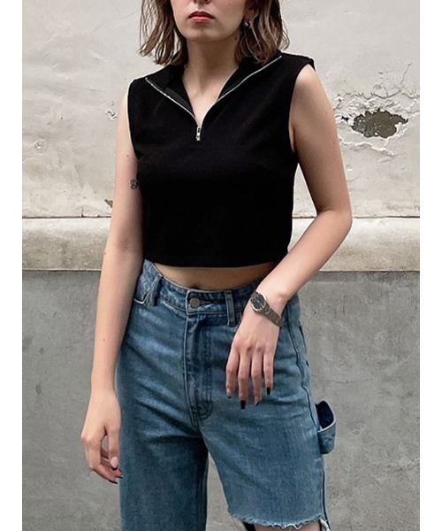 ENVYM（アンビー）の「ハーフＺＩＰＮ／Ｓ　ＴＯＰＳ（Tシャツ/カットソー・レディース・ホワイト/ブラック・FREE）」の2枚目の写真