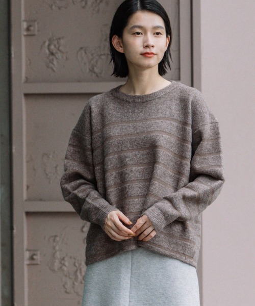 Munich（ミューニック）の「ダブルジャガードボーダークルーネックプルオーバー（ニット/セーター・レディース・ホワイト/ブラウン/グリーン・FREE）」の3枚目の写真