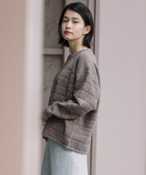 Munich（ミューニック）の「ダブルジャガードボーダークルーネックプルオーバー（ニット/セーター・レディース・ホワイト/ブラウン/グリーン・FREE）」の12枚目の写真