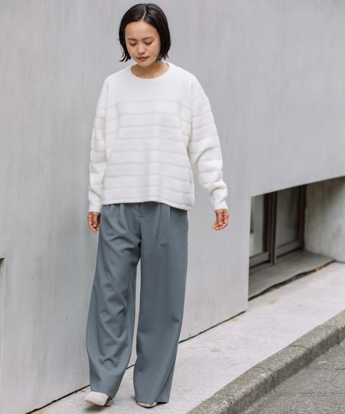 Munich（ミューニック）の「ダブルジャガードボーダークルーネックプルオーバー（ニット/セーター・レディース・ホワイト/ブラウン/グリーン・FREE）」の6枚目の写真