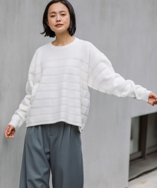 Munich（ミューニック）の「ダブルジャガードボーダークルーネックプルオーバー（ニット/セーター・レディース・ホワイト/ブラウン/グリーン・FREE）」の10枚目の写真