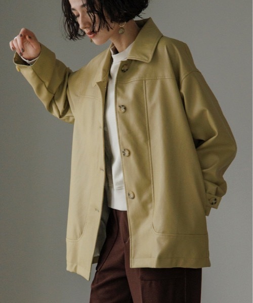 TENTO(テント)の「ステンカラー フェイクレザージャケット(ステンカラーコート・レディース・ブラック/黄緑系・FREE)」の3枚目の写真