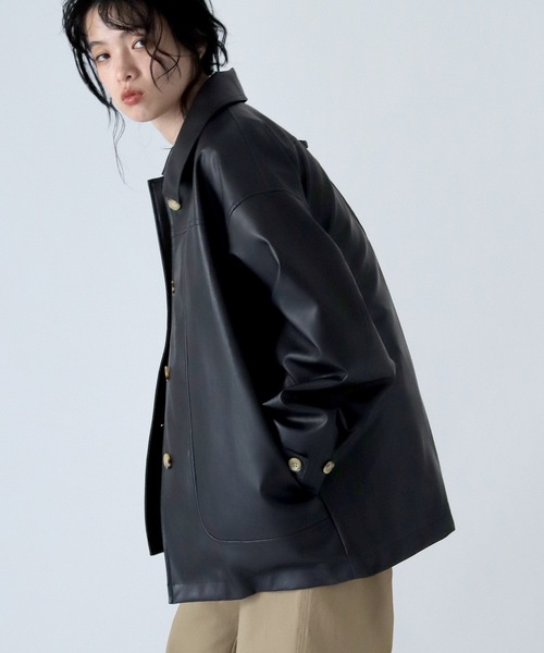 TENTO(テント)の「ステンカラー フェイクレザージャケット(ステンカラーコート・レディース・ブラック/黄緑系・FREE)」の9枚目の写真