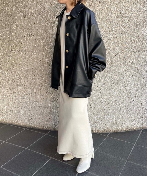 TENTO(テント)の「ステンカラー フェイクレザージャケット(ステンカラーコート・レディース・ブラック/黄緑系・FREE)」の12枚目の写真