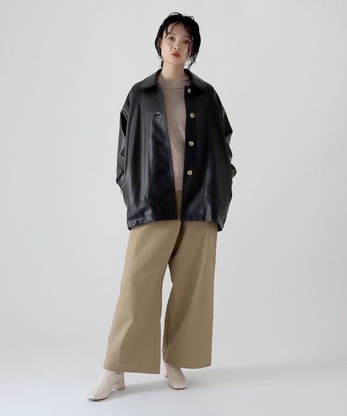 TENTO(テント)の「ステンカラー フェイクレザージャケット(ステンカラーコート・レディース・ブラック/黄緑系・FREE)」の14枚目の写真