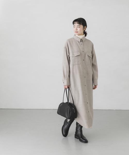 未使用級☆かぐれ　ウールサキソニーシャツワンピース　グレー　毛100% 未使用級☆かぐれ ウールサキソニーシャツワンピース グレー 毛100