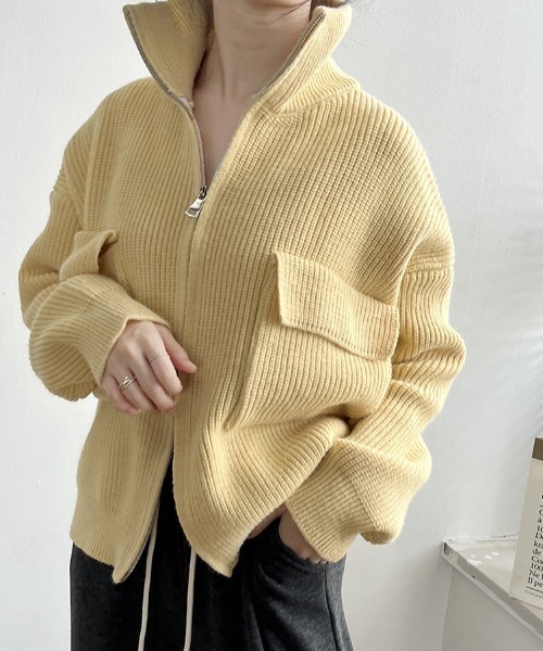 MANGROVE（マングローブ）の「ポケットジッパーカーディガン（ニット/セーター・レディース・ピンク/イエロー/ライトブルー/アイボリー/ブルー・FREE）」の5枚目の写真