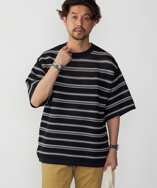 SHIPS(シップス)の「SHIPS:〈手洗い可能〉 AMOSSA(R) メッシュ ボーダー ニット Tシャツ(ニット/セーター・メンズ・ホワイト/ライトグレー/ネイビー・SMALL/MEDIUM/LARGE/X-LARGE)」の3枚目の写真