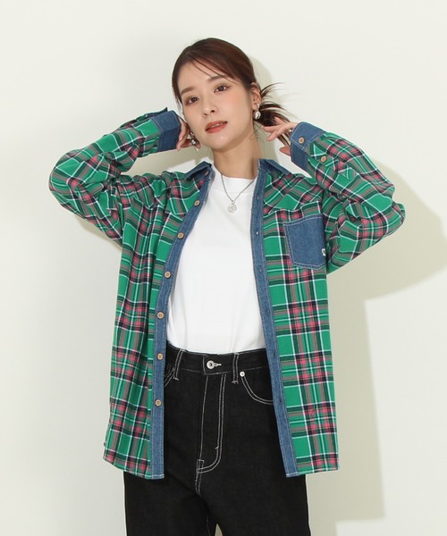 BABYDOLL(ベビードール)の「親子お揃い デニム切替チェックシャツ 8605A(シャツ/ブラウス・レディース・グリーン/イエロー・M/L/XL/S)」の1枚目の写真