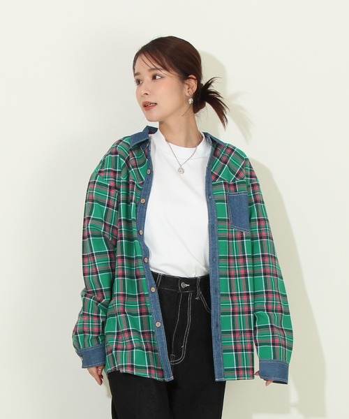 BABYDOLL(ベビードール)の「親子お揃い デニム切替チェックシャツ 8605A(シャツ/ブラウス・レディース・グリーン/イエロー・M/L/XL/S)」の14枚目の写真
