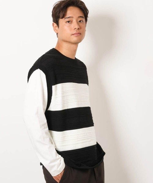 a.v.v(アーヴェヴェ)の「【洗濯機で洗える】ボーターニットベスト切り替えカットソー(Tシャツ/カットソー・メンズ・ブラック/ホワイト・48/46/50)」の1枚目の写真